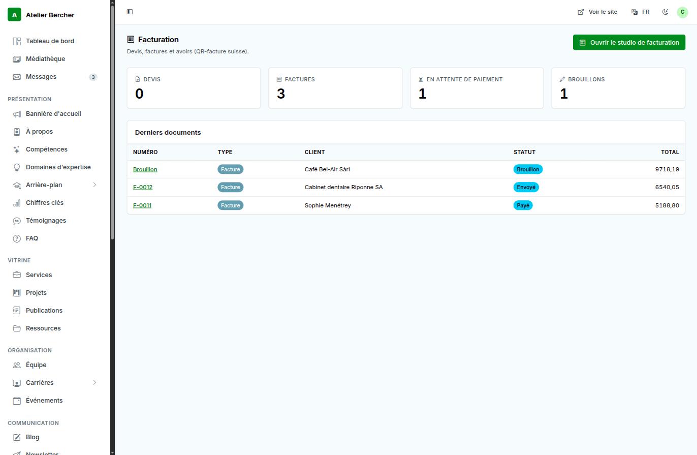 Le module de facturation : compteurs devis, factures, en attente de paiement et brouillons, puis les derniers documents avec leur statut.