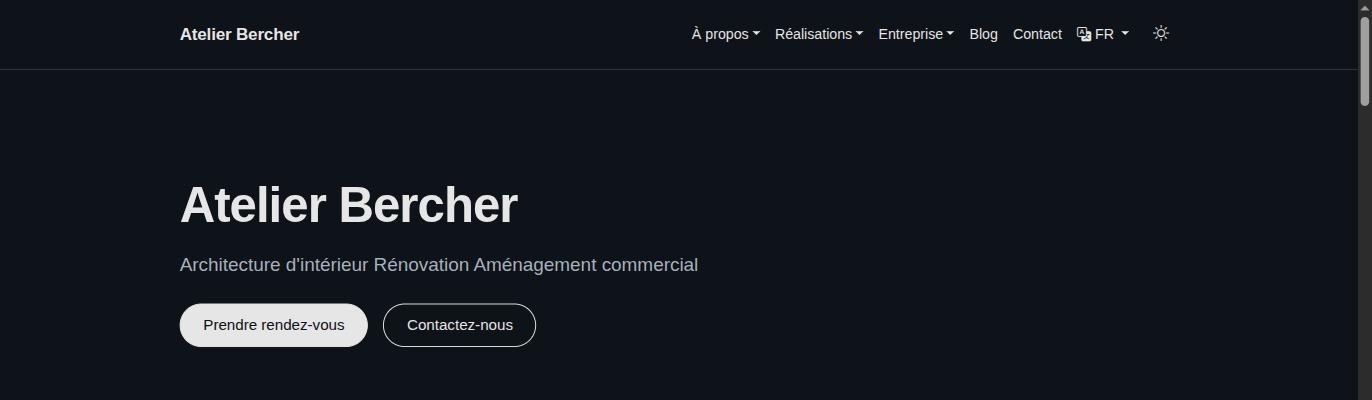 Le site publié : nom de l'activité, phrase de description, et deux boutons — prendre rendez-vous, nous contacter.